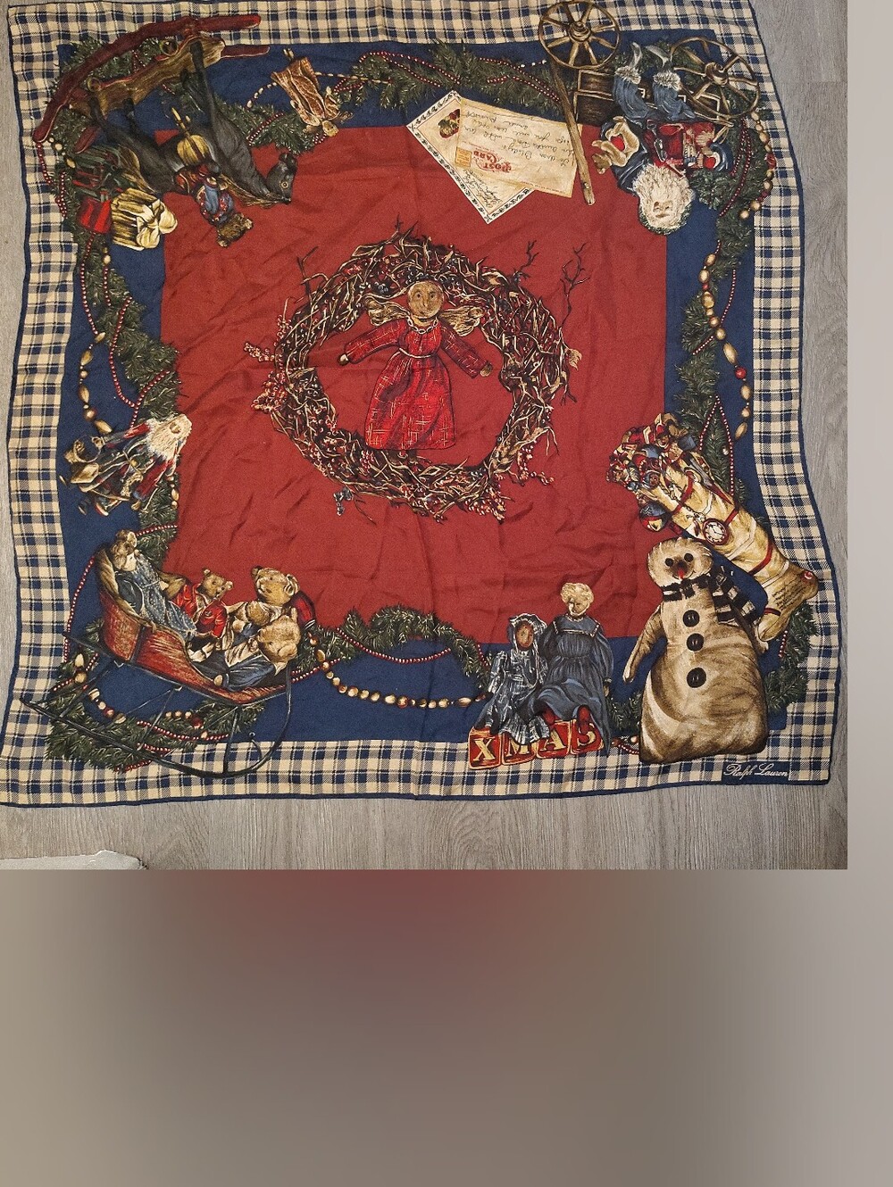 Vtg Ralph Lauren Christmas Scarf 100% Silk Holiday Wreath Teddy Bear Plaid RARE